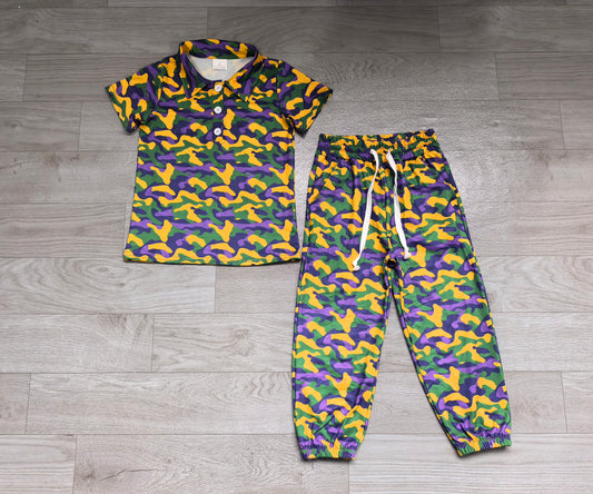 Sample-Real Pics BSPO0721 Baby Boy Clothes Mardi Gras Camo Allover Print Short Sleeve Polo Top Jogger Pant Set