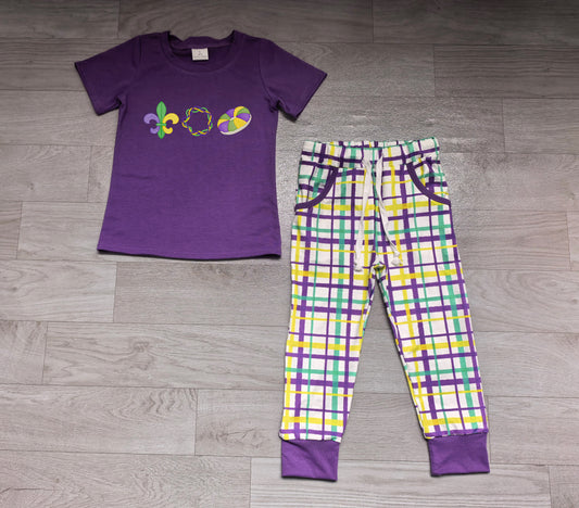 Sample-Real Pics BSPO0722 Baby Boy Clothes Mardi Gras Symbol Graphic Print Short Sleeve Tee Plaid Jogger Pant Set