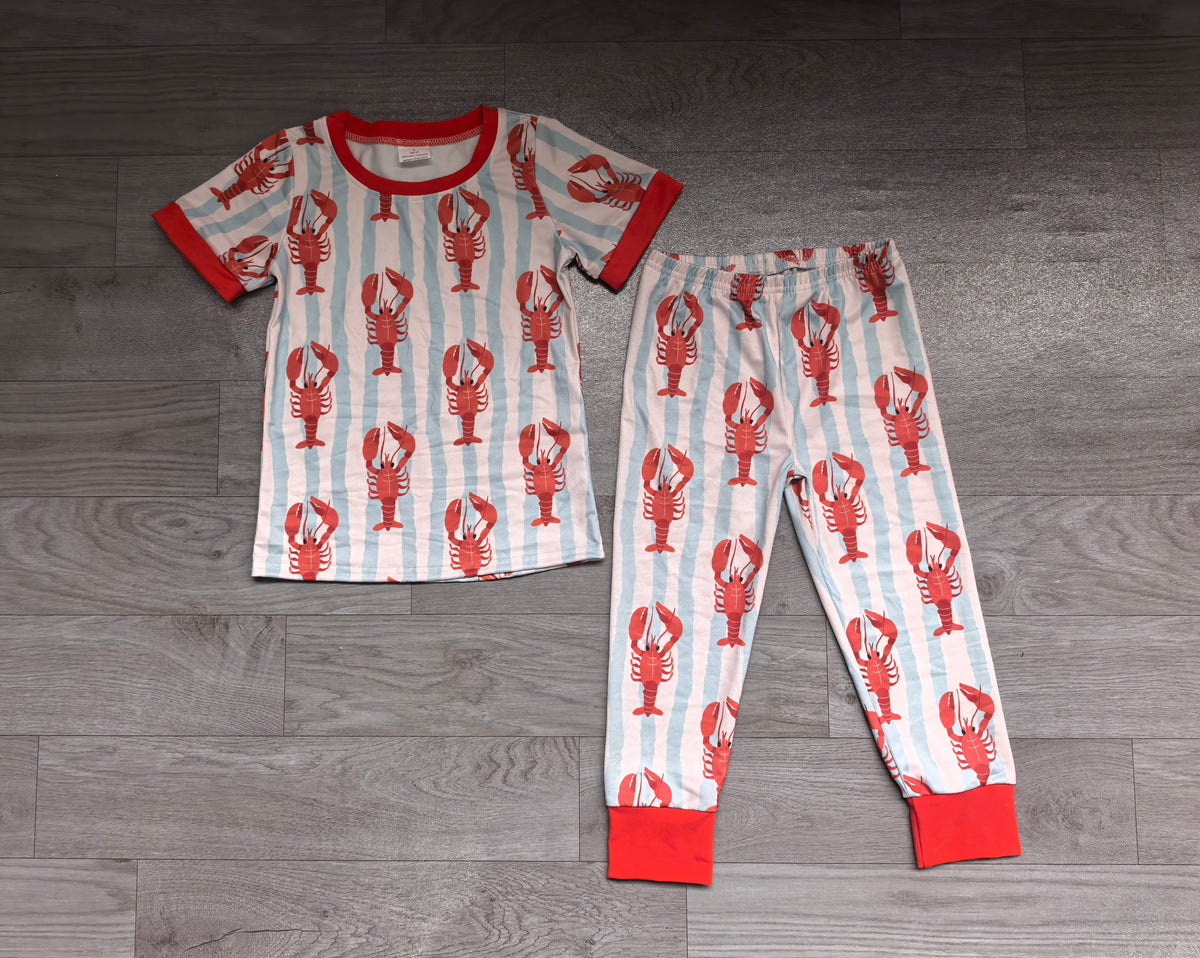 Sample-Real Pics BSPO0723 Baby Boy Clothes Red Lobster Stripe Print Short Sleeve Tee Jogger Pant Set