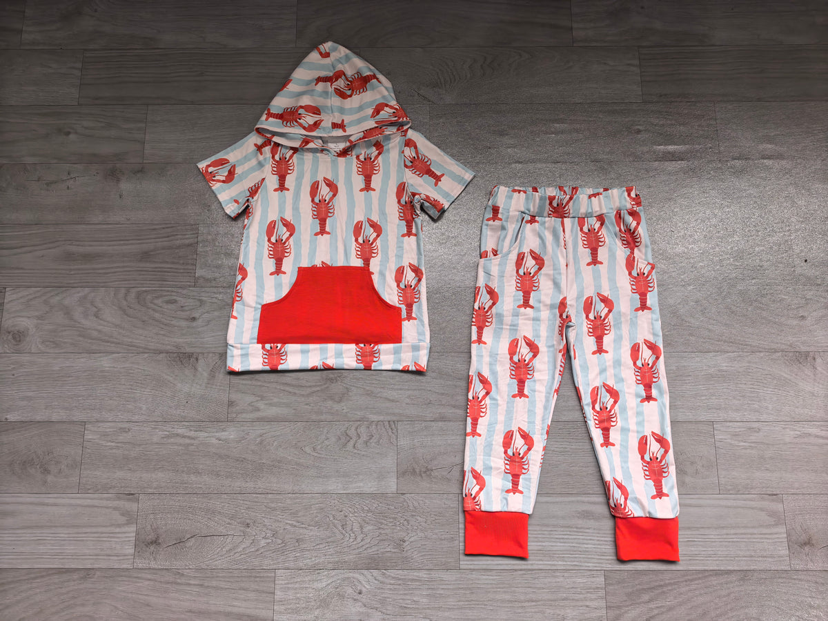 Sample-Real Pics BSPO0724 Baby Boy Clothes Red Lobster Stripe Print Short Sleeve Hoodie Jogger Pant Set