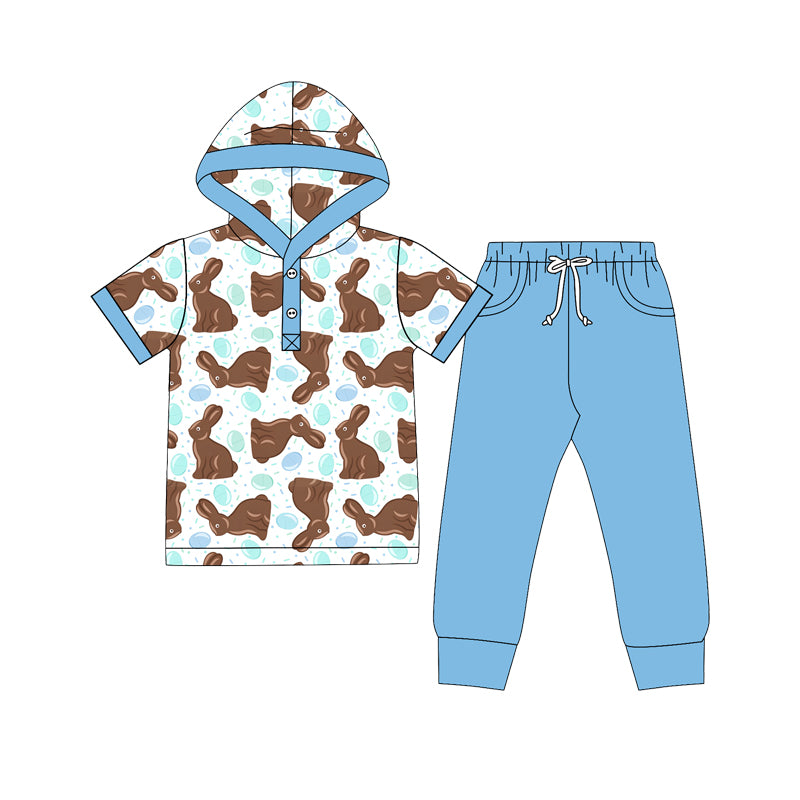 Preorder (moq 5) BSPO0735 Baby Boy Clothes Easter Chocolate Bunny Mixed Print Short Sleeve Hooded Pant Set
