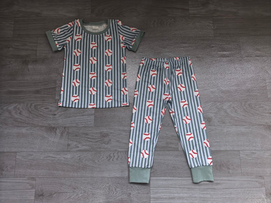 Sample-Real Pics BSPO0736 Baby Boy Clothes Baseball Stripe Mixed Print Short Sleeve Top And Jogger Pant Set