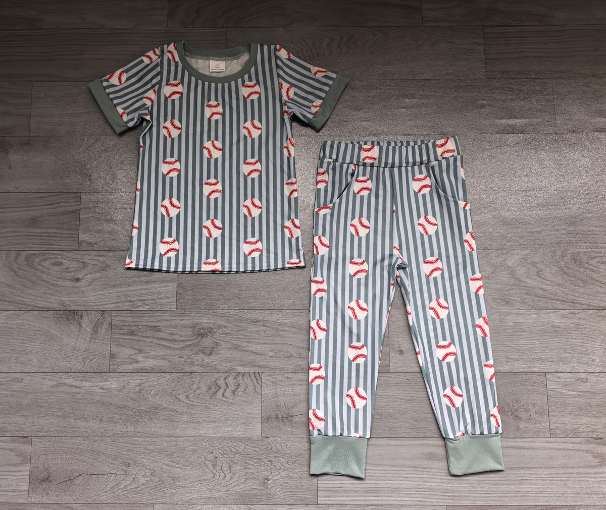 Sample-Real Pics BSPO0736 Baby Boy Clothes Baseball Stripe Mixed Print Short Sleeve Top And Jogger Pant Set
