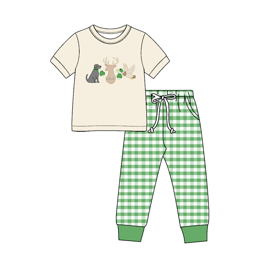 Preorder (moq 5) BSPO0739 Baby Boy Clothes Hunting Dog Deer Duck Embroidery Print Short Sleeve Jogger Pant Set