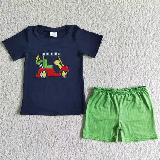 promotion BSSO0030 blue top golf car embroidery boy clothes boy short sleeve green shorts summer outfit RTS 202404