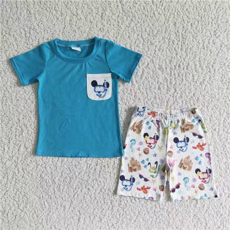 promotion BSSO0038 202404 RTS blue mouse short sleeve shirt castle shorts summer boys outfits 20230516