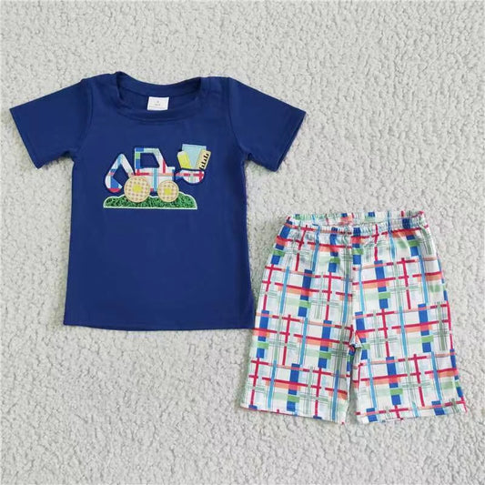 BSSO0051 Embroidery digger excavator Blue Top Colorful Plaid short sleeve boy Shorts summer clothes RTS 20230426