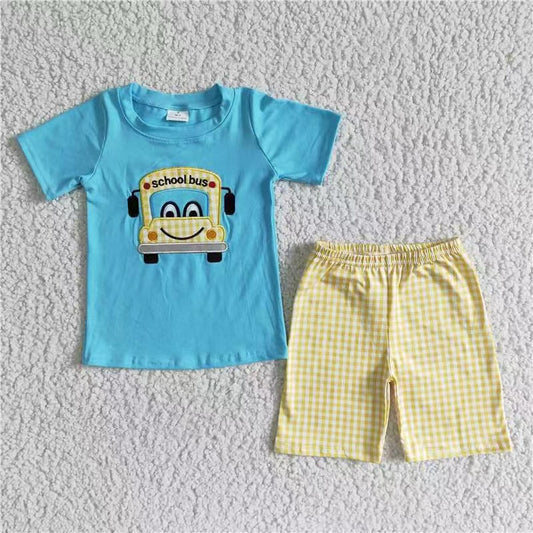 BSSO0055 back to school Embroidery boy car school bus blue top yellow plaid sleeve shorts boy outift RTS 20230429