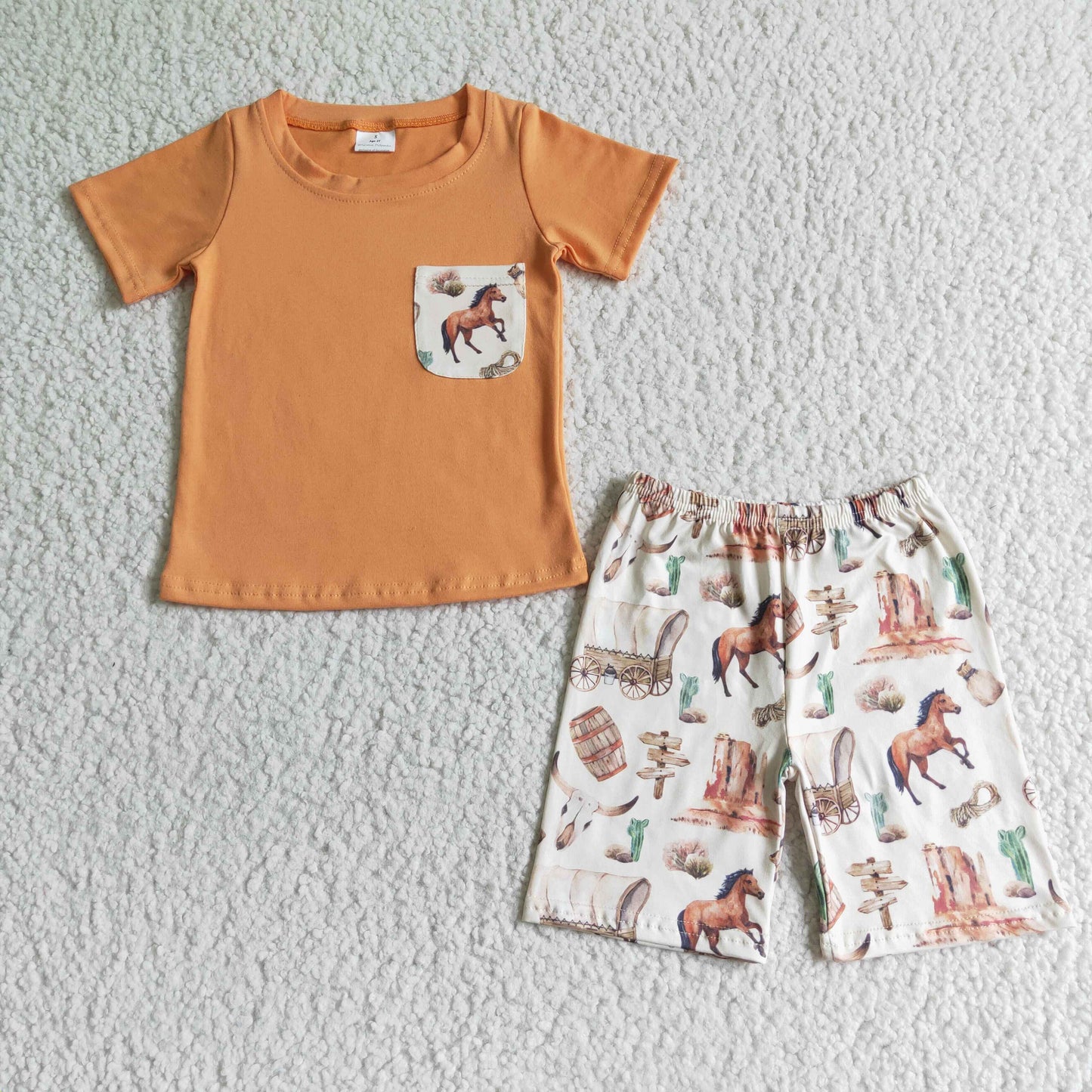 BSSO0072 RTS brown horse print brown cow cuctus short sleeve shorts boy outfit 20230811 RTS