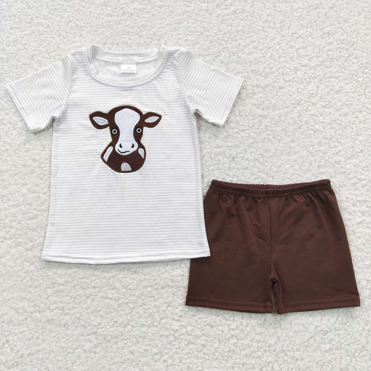 BSSO0218 short sleeve shorts cow embroidered stripe brick red summer boys outfit RTS 20230429