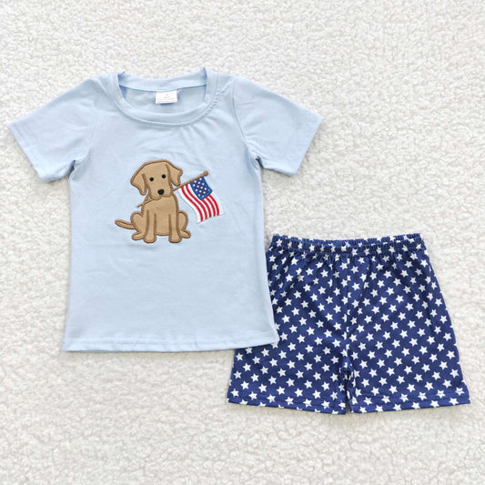 BSSO0227 embroidery short sleeve shorts cartoon dog 4th of July summer boy outfit 20230427 RTS