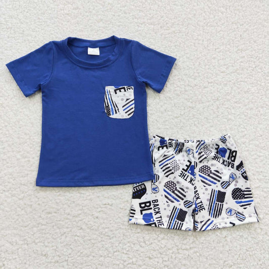Promotion RTS BSSO0242 BACK THE BULE 4th of July flag blue short sleeve shorts boy summer outfit