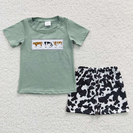 BSSO0264 short sleeve green cow embroidered shorts short sleeve western summer boy outfit 20230511