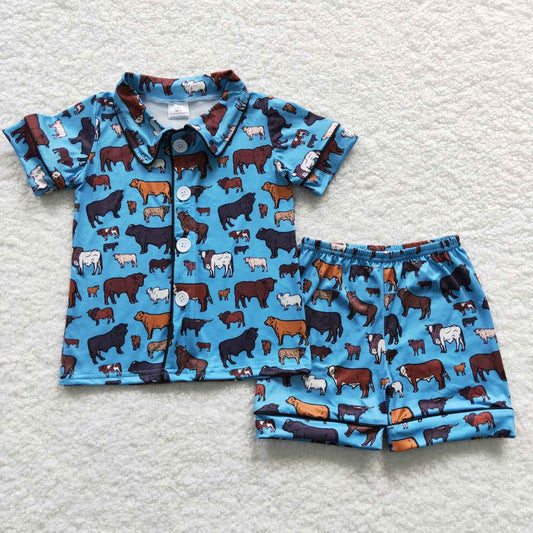 BSSO0276 short sleeve western cow shorts girl boy summer pajamas 20230527
