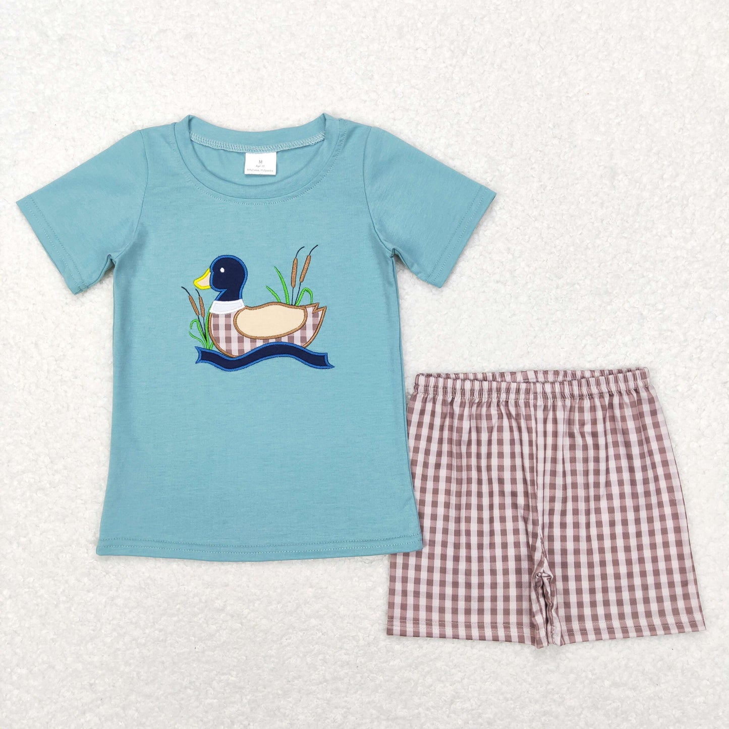 BSSO0281 boy duck embroidery blue green plaid short sleeve shorts outfits 20231130