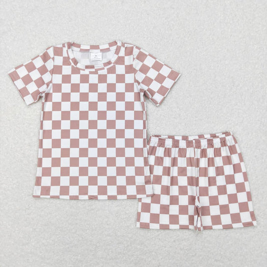 BSSO0326 checkerboard BROWN short sleeve shorts boy summer outfit 20231123 RTS