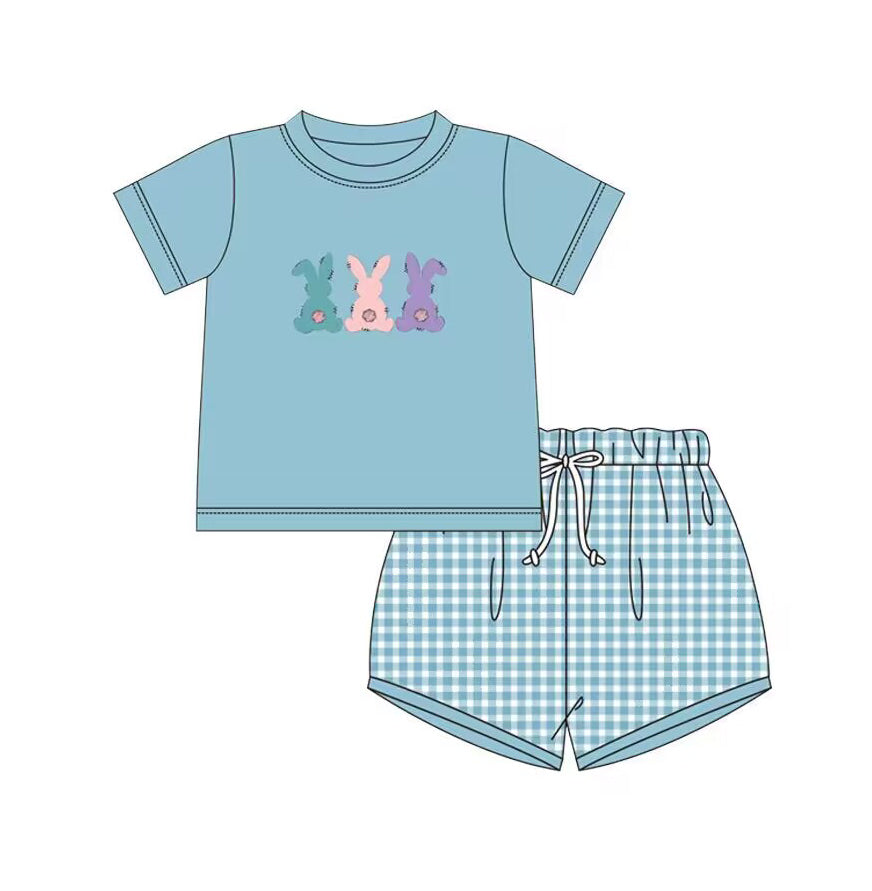 BSSO0432 western Easter bunny embroidery short sleeve boy shorts outfit preorder 20231130