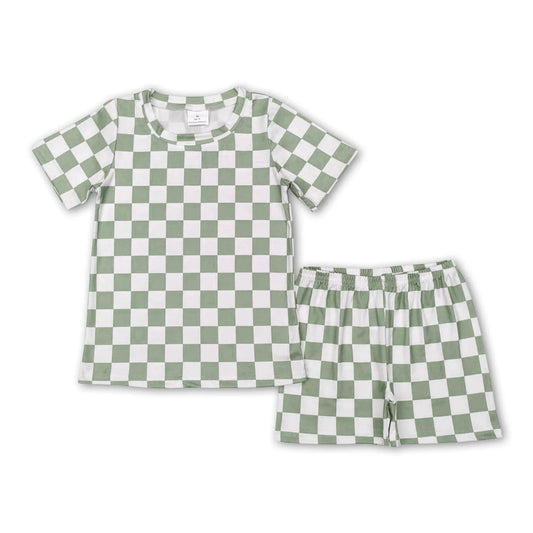 BSSO0687 checkerboard green short sleeve shorts boy girl summer outfit 202401 PREORDER