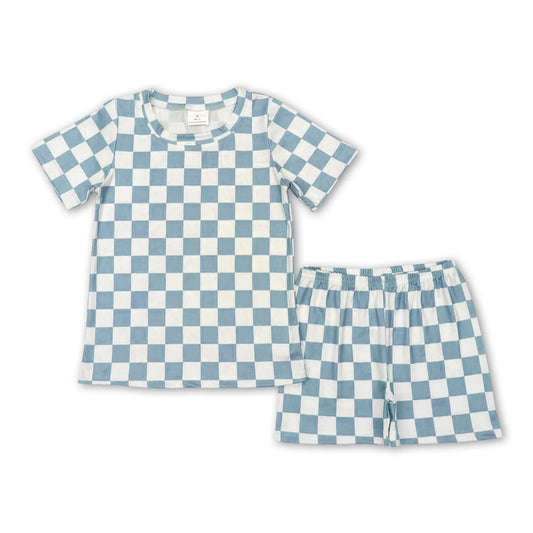 BSSO0688 checkerboard green short sleeve shorts boy girl summer outfit 202401 PREORDER 的副本