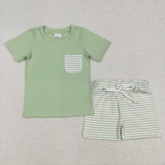 BSSO1103 cotton green stripe boy summer outfit 202502 RTS