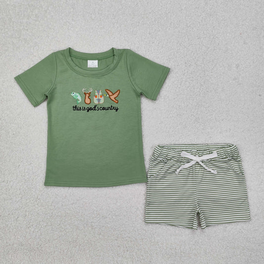 BSSO1108 RTS embroidery this is god's country fish deer duck  boy summer outfit  Free shipping order $100+ 