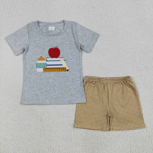 BSSO1281 embroidery back to school apple ruler  boy summer outfit 202507 rRTS