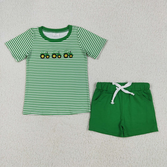 GSSO2069 embroidery tractor boy summer outfit 202506 RTS