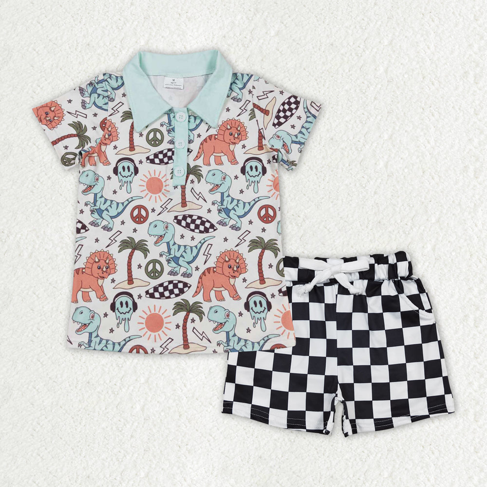BSSO1383组合 dinosuar checkerboard westen  boy summer outfit 202502 RTS