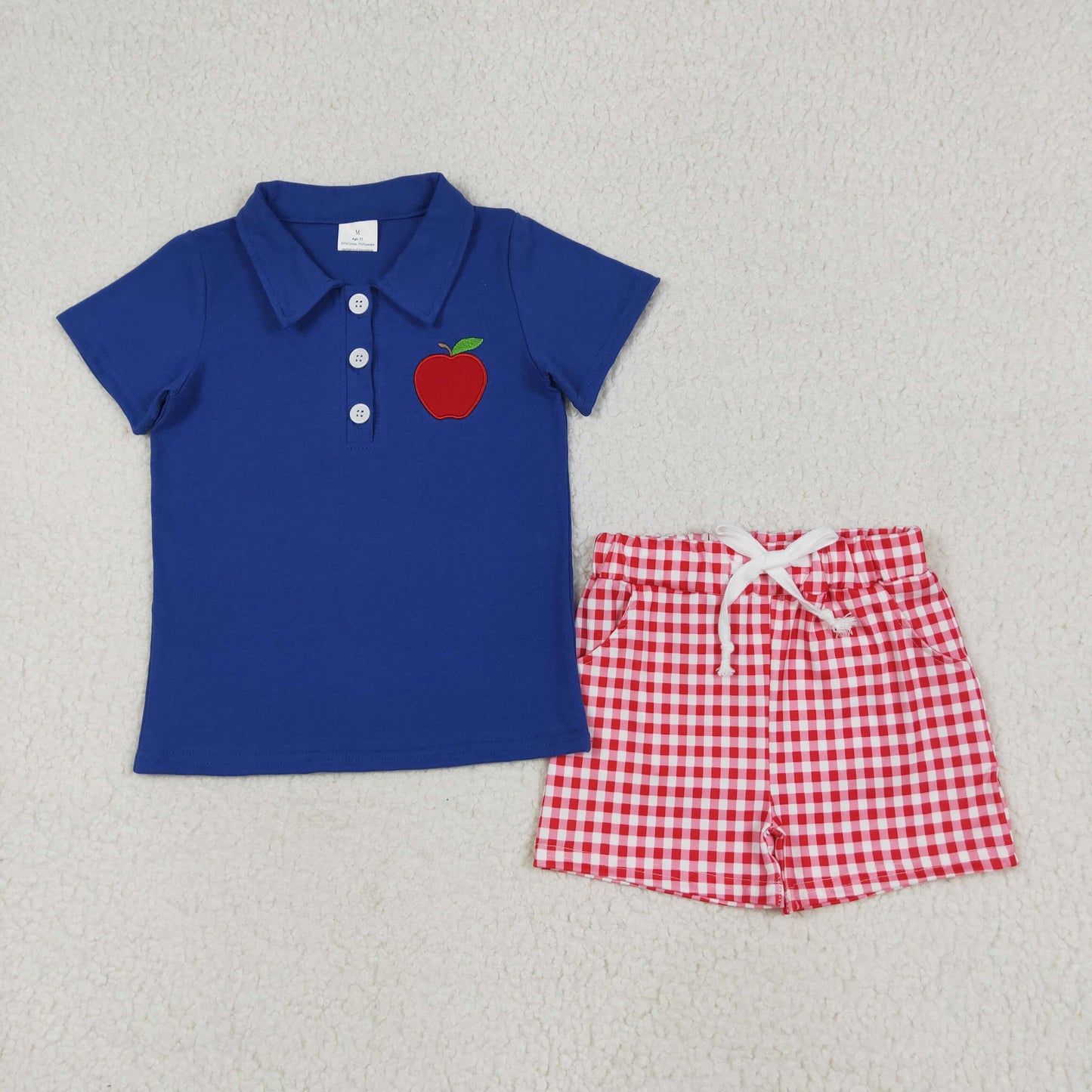 BSSO1397 embroidery apples back to school boy summer outfit 202506 RTS