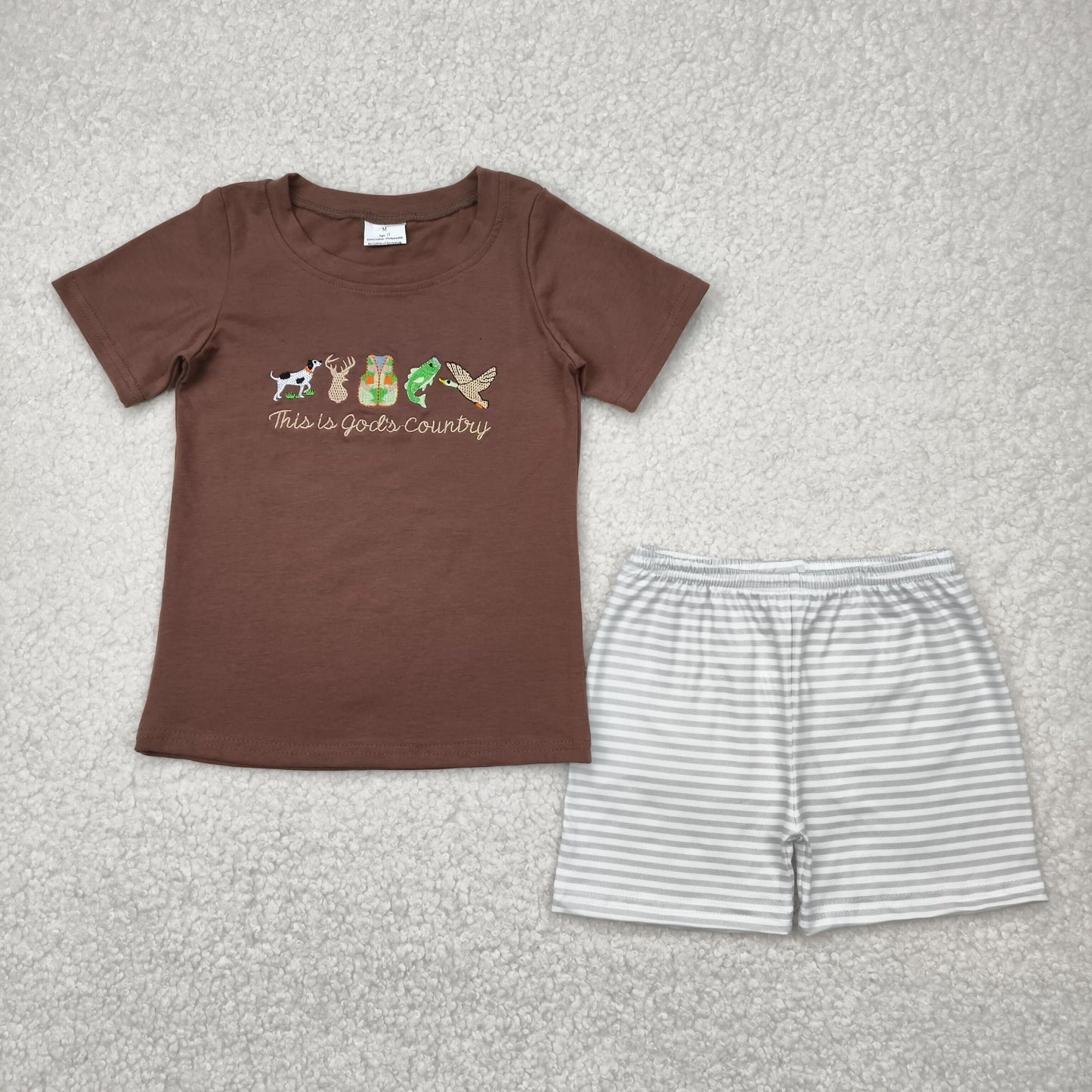BSSO1410  RTS embroidery fish god‘s country western short boy summer outfit 202504