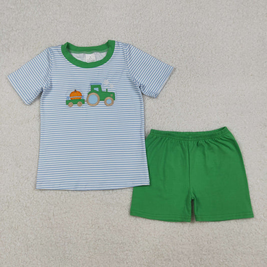 BSSO1549 Embroidery tractor  Halloween pumpkin  boy summer outfit 202509 RTS