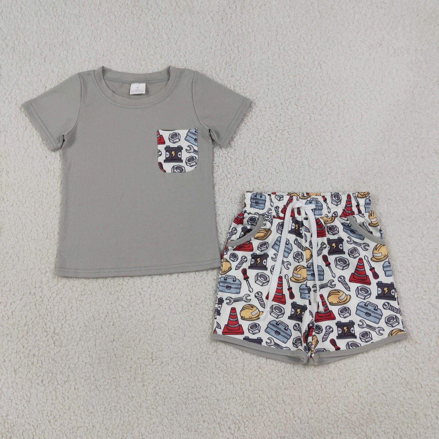 BSSO2005 Grey cartoon tool print boy summer outfit 202608 RTS