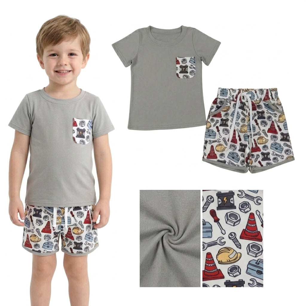BSSO2005 Grey cartoon tool print boy summer outfit 202608 RTS