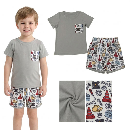 BSSO2005 Grey cartoon tool print boy summer outfit 202608 RTS