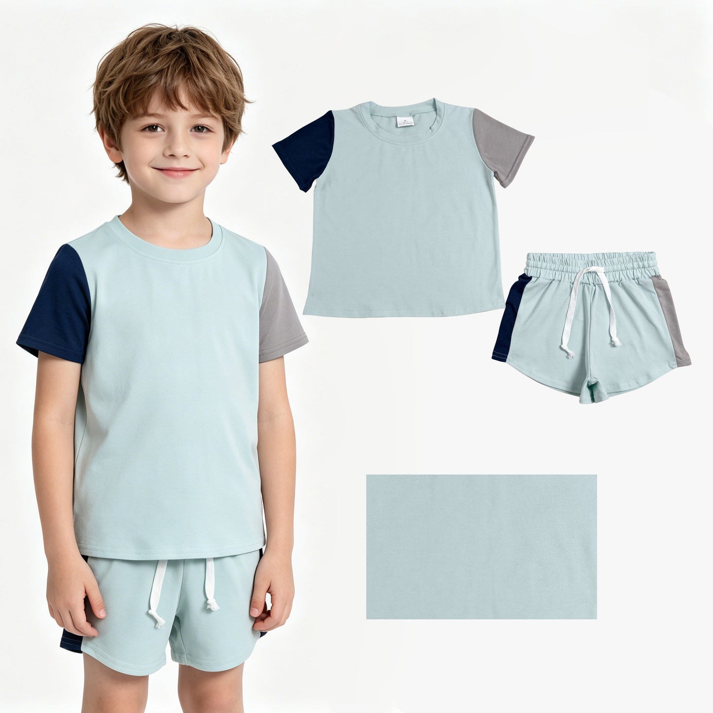 BSSO2013 Boys Colorblock Spliced T‑Shirt & Two‑Tone Shorts 2Pcs Set boy outfit 202607 RTS