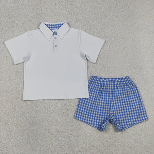 BSSO2033 white blue plaid polo shirt cotton boy summer set outfit 202607  RTS free shipping