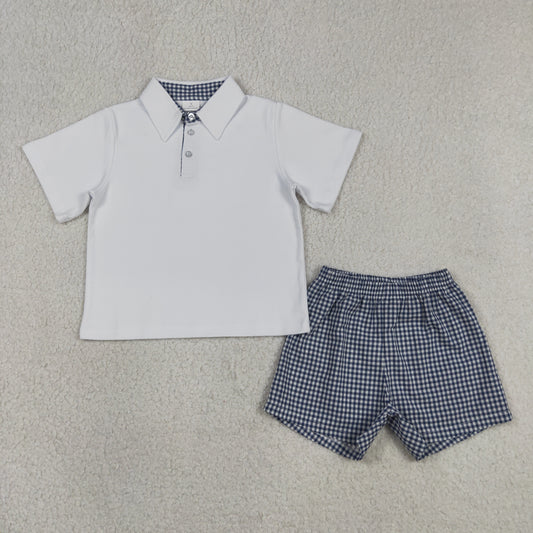 BSSO2035 white blue plaid polo shirt boy summer set outfit 202607  RTS free shipping