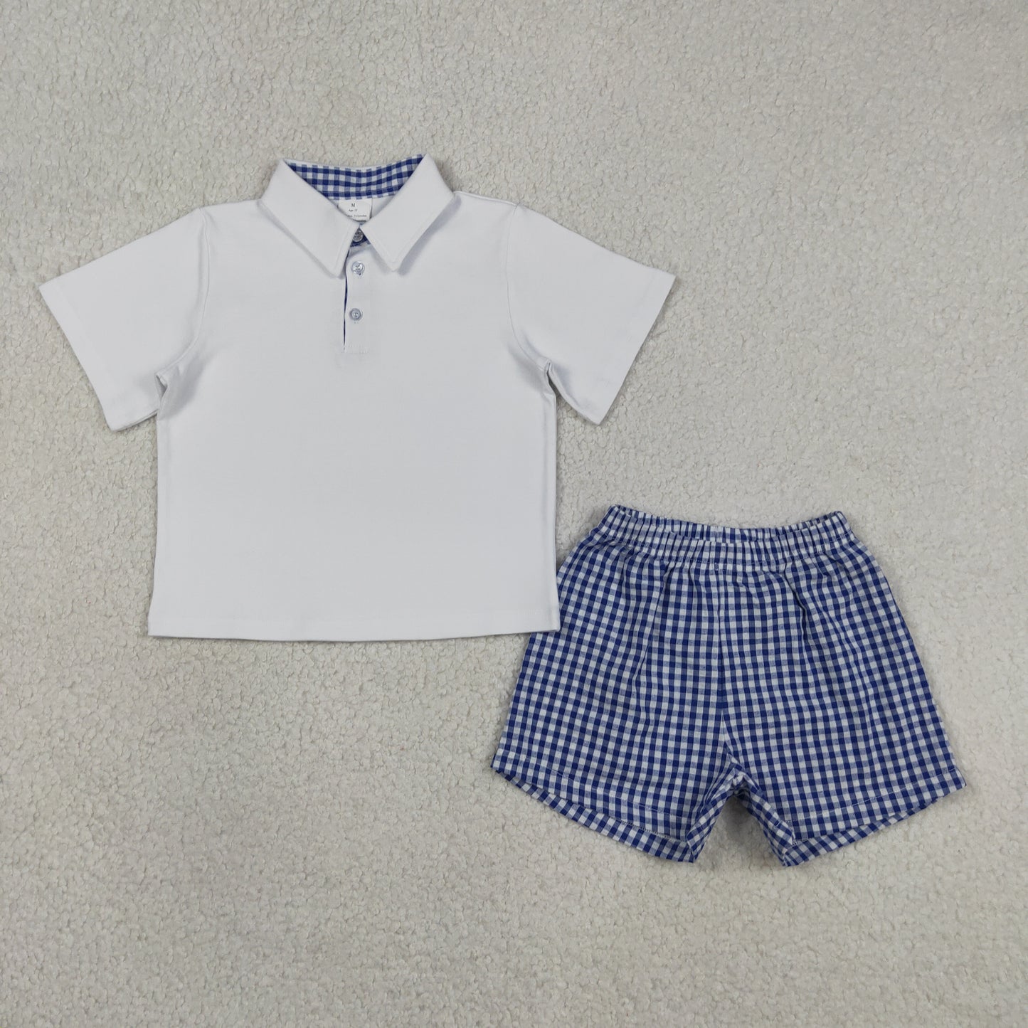 BSSO2038 white blue plaid polo shirt cotton boy summer set outfit 202607  RTS free shipping