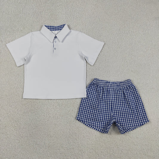 BSSO2038 white blue plaid polo shirt cotton boy summer set outfit 202607  RTS free shipping