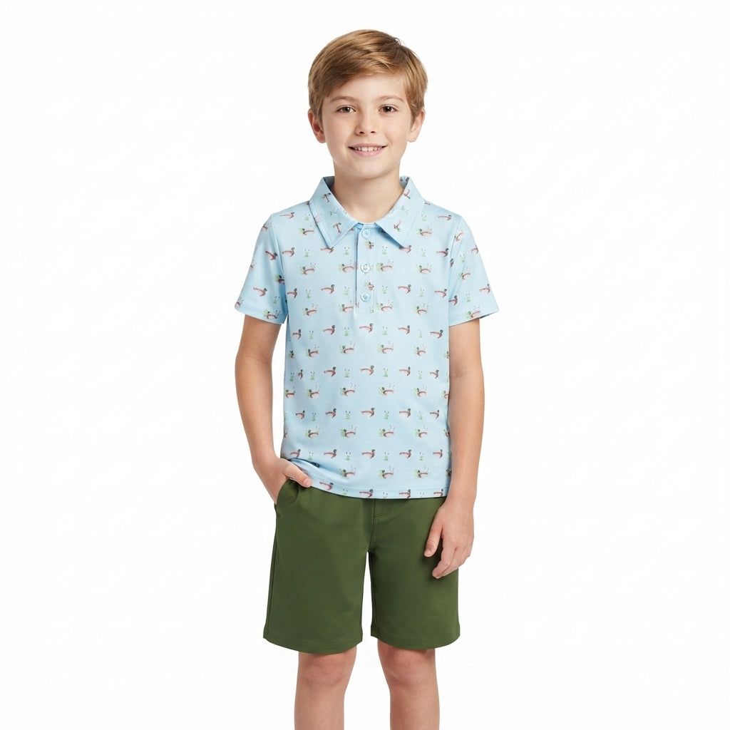 NO MOQ RTS BSSO2041 Baby Boy Clothes Mallard Duck Small Print Short Sleeve Polo Top Green Shorts Outfit Set 202609