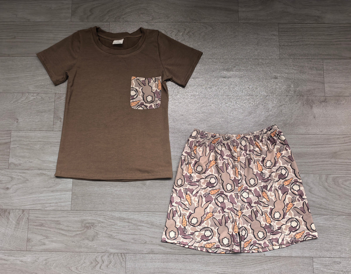 Sample-Real Pics BSSO2044 Baby Boy Clothes Easter Bunny Carrot Camo Print Short Sleeve Pocket Tee & Shorts Outfit Set