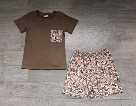 Sample-Real Pics BSSO2044 Baby Boy Clothes Easter Bunny Carrot Camo Print Short Sleeve Pocket Tee & Shorts Outfit Set