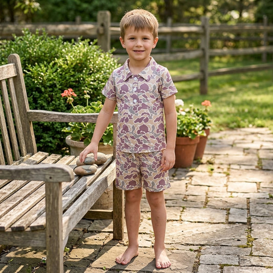 NO MOQ RTS BSSO2046-bundle (2) Baby Boy Clothes Retro Camo Mixed Print Short Sleeve Polo Shirt Short Set 202609