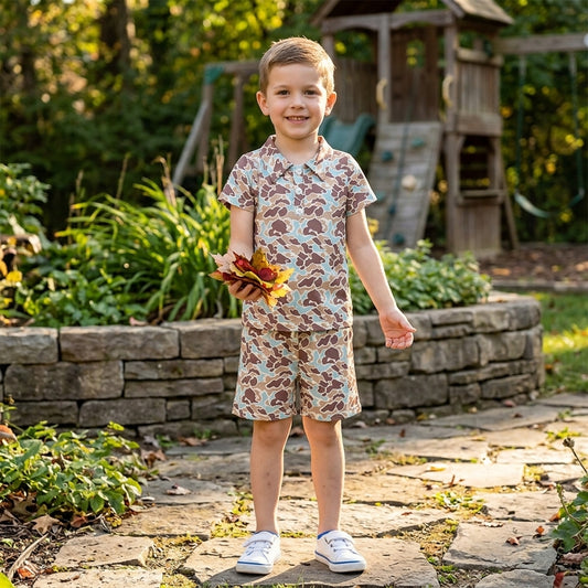 NO MOQ RTS BSSO2047-bundle (2) Baby Boy Clothes Vintage Camo Mixed Print Short Sleeve Polo Shirt Short Set 202609