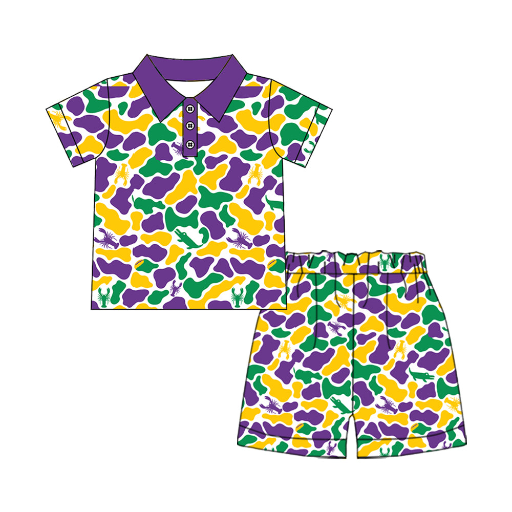 Preorder (moq 5) BSSO2048 Baby Boy Clothes Mardi Gras Crawfish Camo Print Short Sleeve Polo Short Set 202610