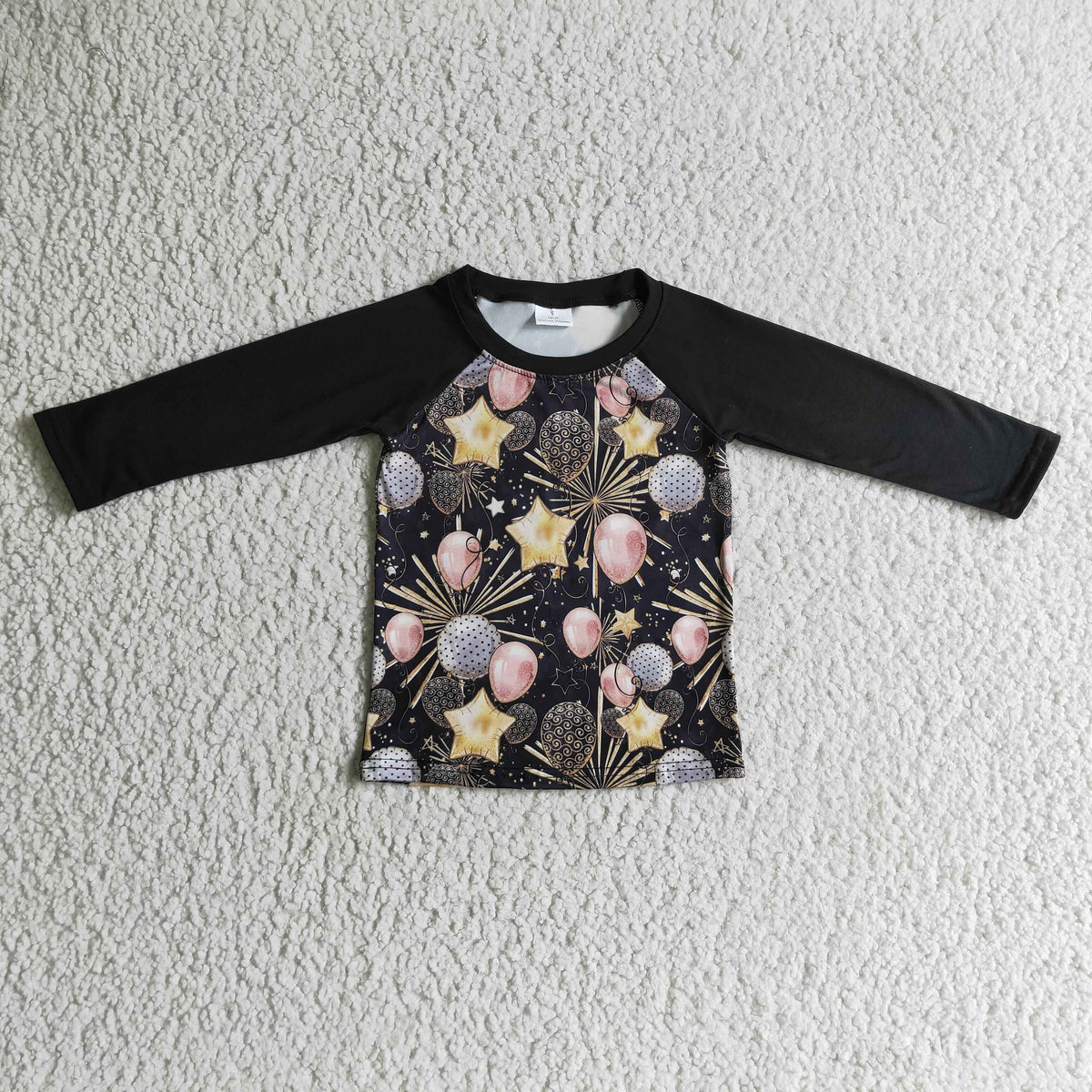 promotion $5.5 2026.10.17 BT0072 Baby Girl Clothes New Year Balloon Firework Mixed Print Raglan Long Sleeve Tee