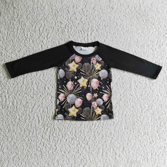 promotion $5.5 2026.10.17 BT0072 Baby Girl Clothes New Year Balloon Firework Mixed Print Raglan Long Sleeve Tee