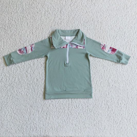 BT0086 zipper boy long sleeve green western pullover cow green farm top RTS 20230608