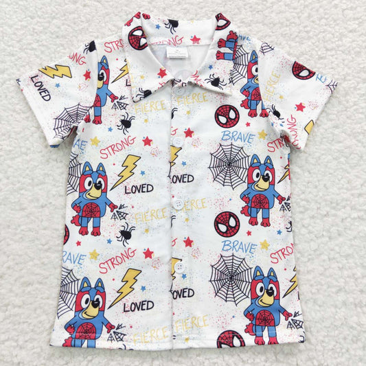 BT0223 short sleeve western cartoon spider cartoon blue dog top button boy shirt 20230517 RTS