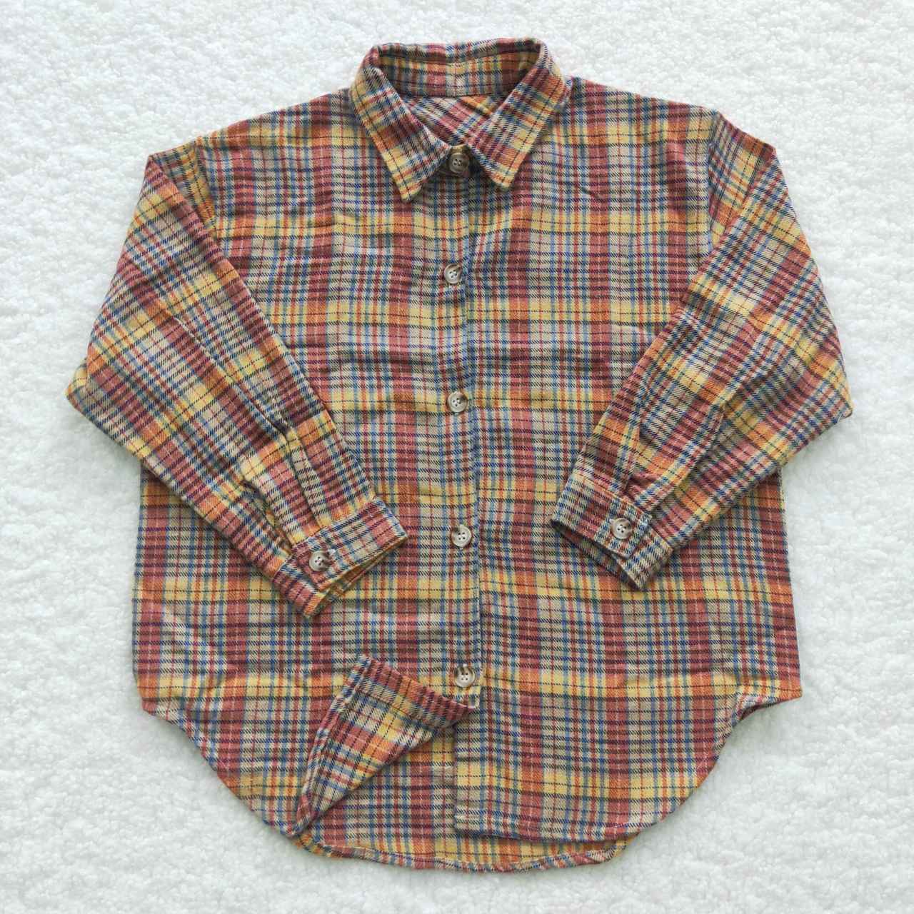 BT0241 brown plaid long sleeve Cotton girl boy top shirt  RTS 20230720